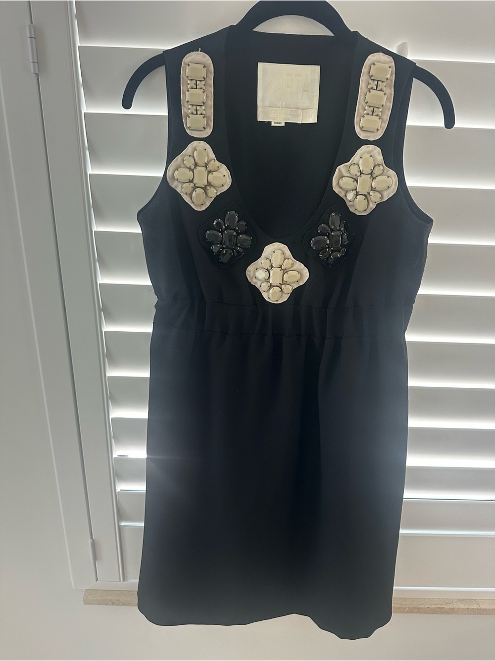 Black Embellished V-Neck Mini Dress with Ivory Accents